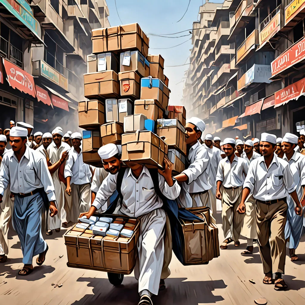 a painting of a man carrying a large stack of boxes on his back down a busy street in a city, samikshavad, a detailed matte painting, Bapu, highly detailed digital painting