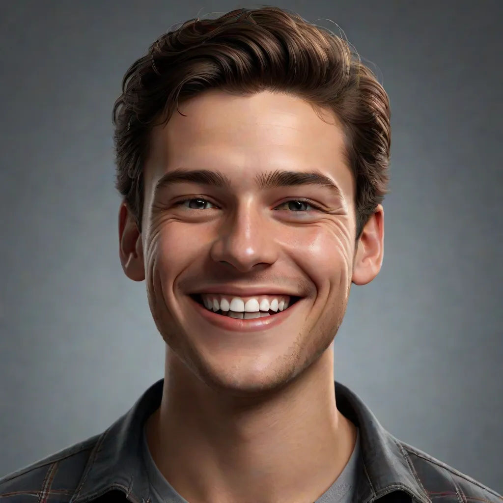 a man with a smile on his face and a gray background is shown in this digital painting of a man, Cedric Seaut (Keos Masons), photorealism, a photorealistic painting, realistic face