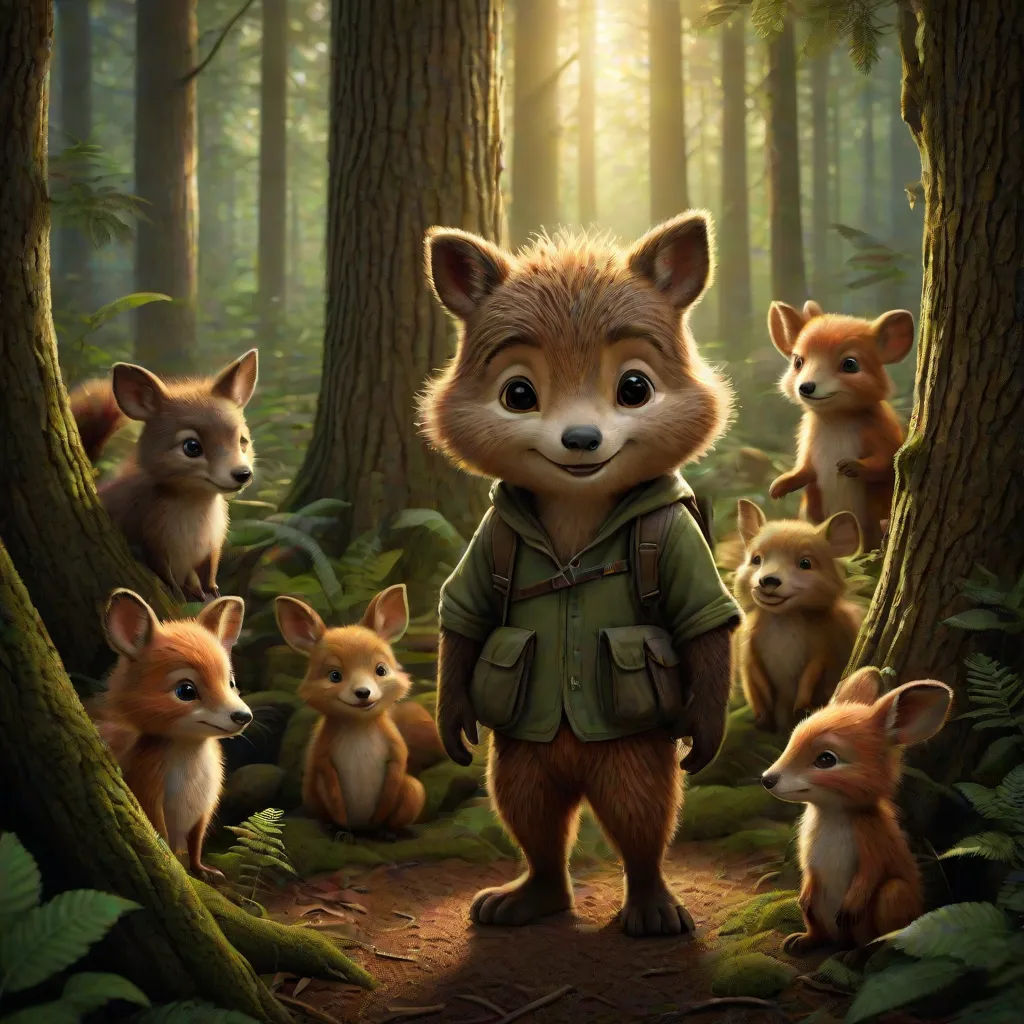 a painting of a fox in the woods with other animals around him and a forest scene behind it, with a forest scene with a fox and a forest scene with a forest animal, Chippy, furry art, a storybook illustration, key art