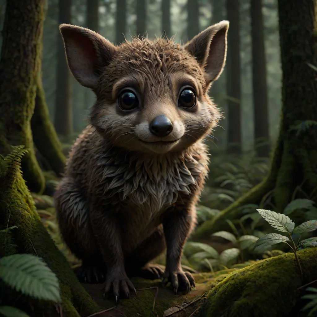a baby racoon is standing in the middle of a forest with green plants and trees around it, Chris LaBrooy, furry art, a 3D render, weta digital
