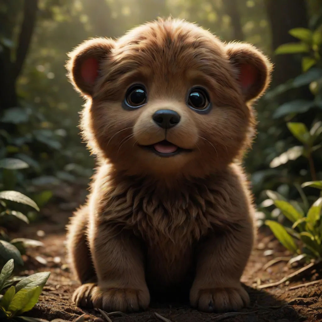 a brown teddy bear sitting on top of a forest floor next to a forest filled with green leaves and trees, Chris LaBrooy, furry art, a poster, cute and adorable