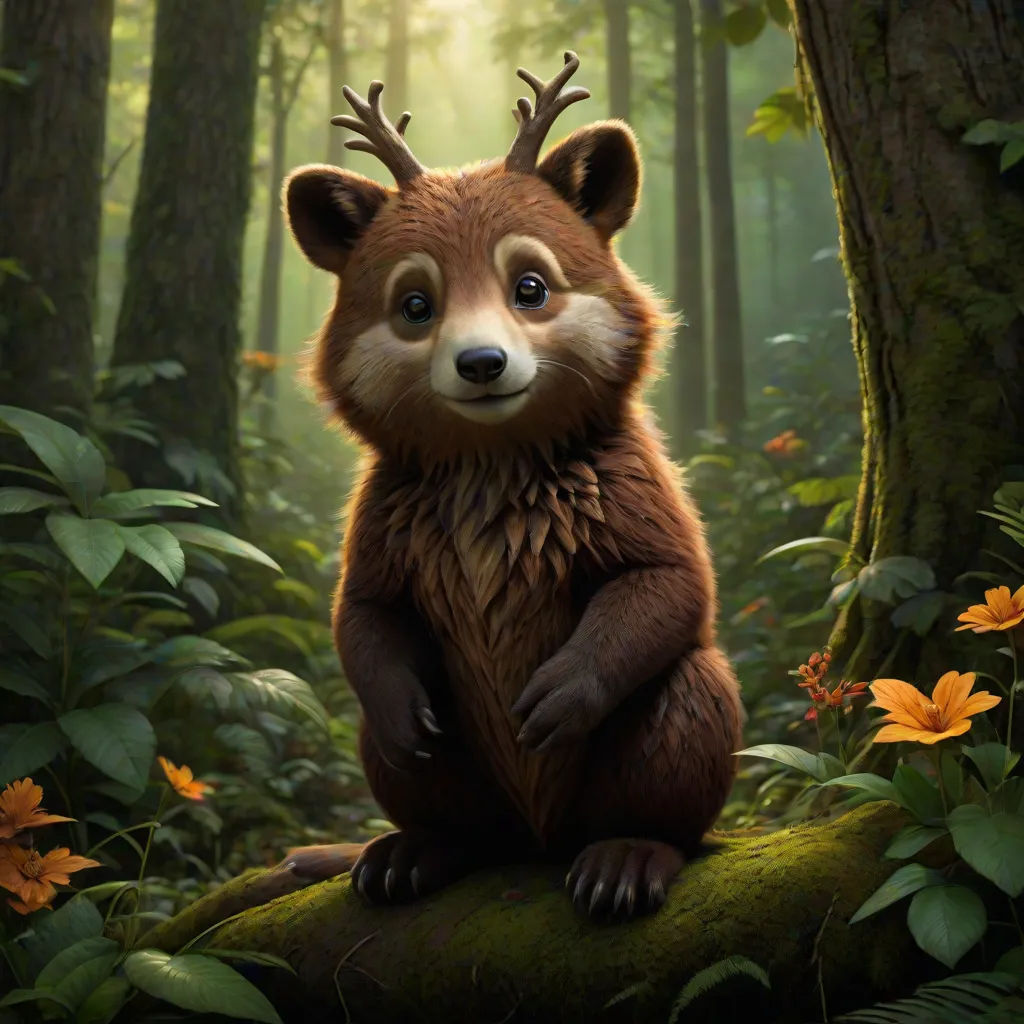a brown bear sitting on top of a tree stump in a forest filled with flowers and trees with a sun shining through the trees, Chris LaBrooy, furry art, a digital painting, promotional image