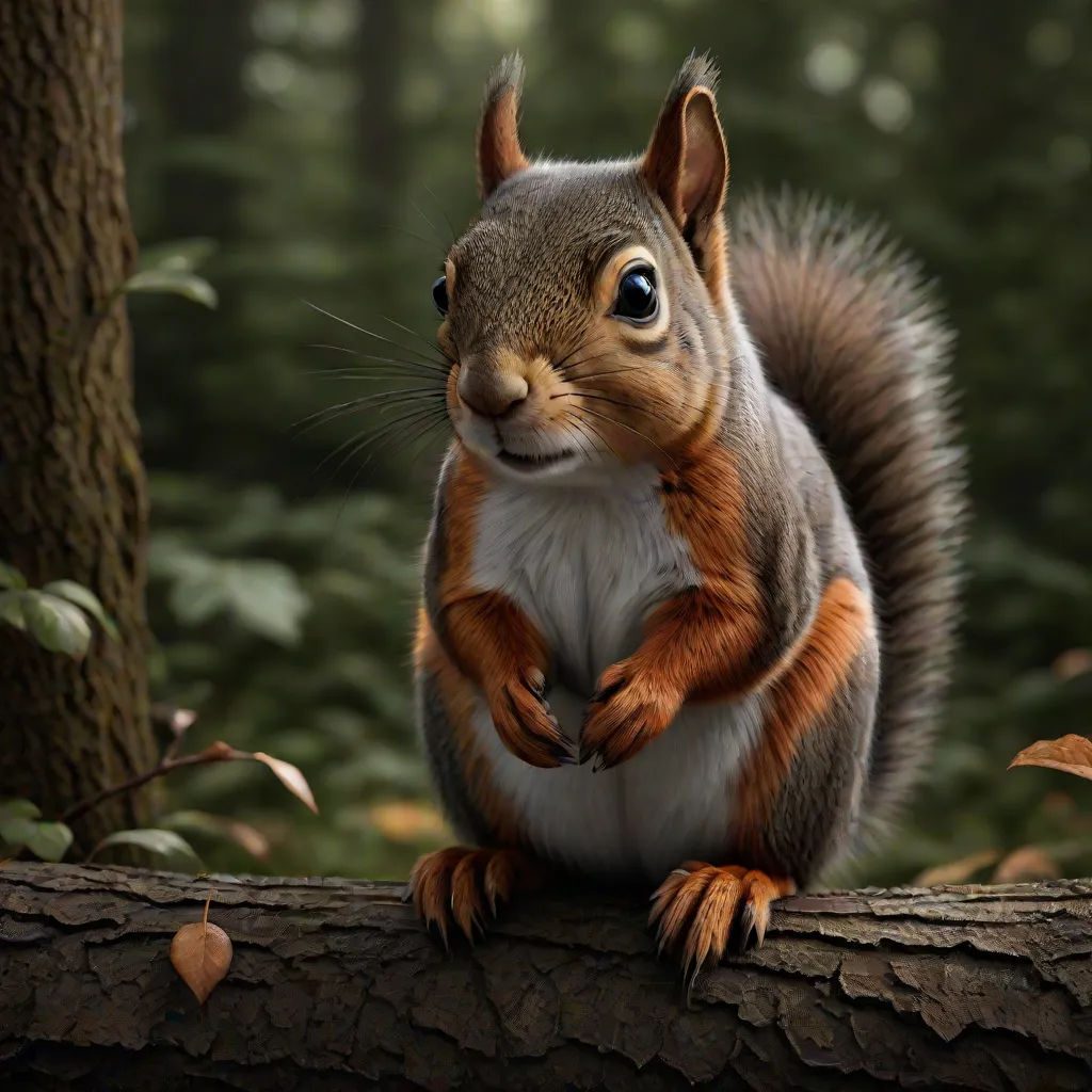 a squirrel is standing on a tree branch with its paws on the ground and its eyes open, with a forest background, Chris LaBrooy, photorealism, a 3D render, behance hd