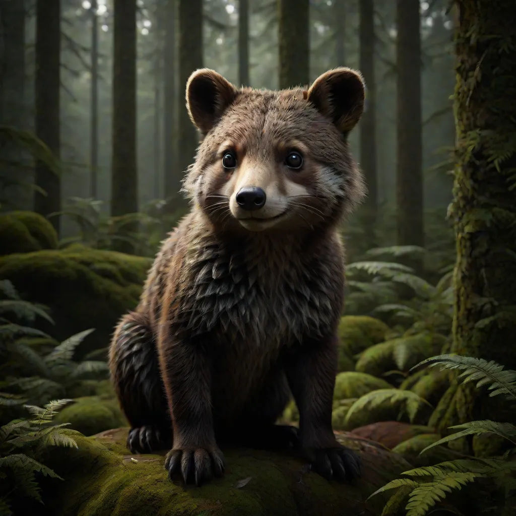 a brown bear standing on top of a moss covered forest floor next to a forest filled with trees and ferns, Chris LaBrooy, photorealism, a 3D render, cgstudio