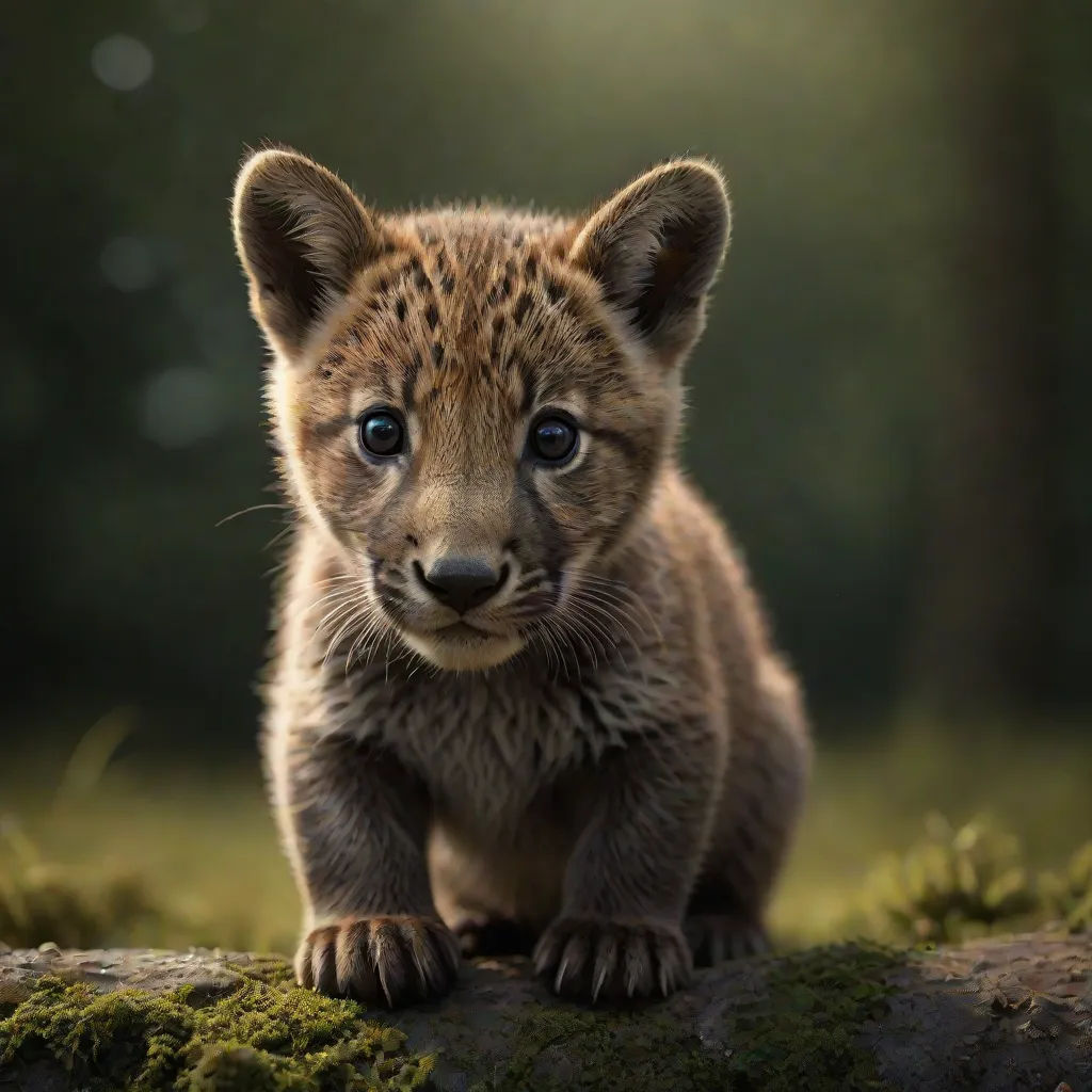 a small brown and black animal sitting on a rock in the woods with a green mossy ground and trees in the background, Daniel Lieske, photorealism, a photorealistic painting, animal photography