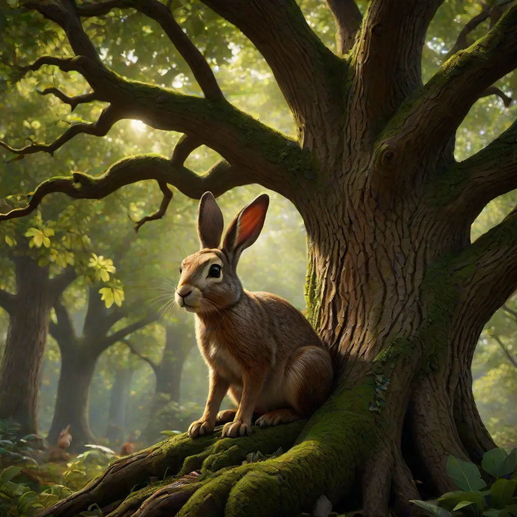 a rabbit sitting in the middle of a forest with mossy ground and trees in the background, with sunlight coming through the leaves, Chris LaBrooy, magical realism, a detailed matte painting, highly detailed digital painting