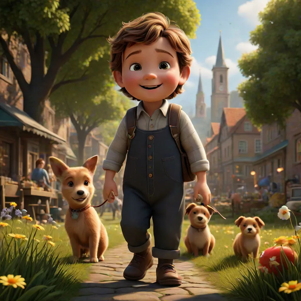 a boy and two dogs are walking down a street in a cartoon scene with a church in the background, Cliff Childs, furry art, poster art, promotional image