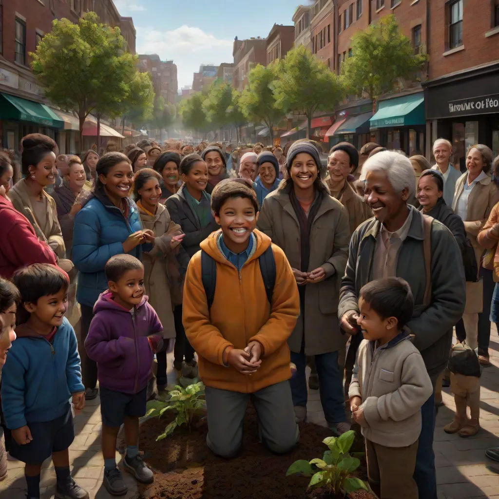 a group of people standing around a tree in a city street with a man smiling at the camera and a woman standing behind the tree, Chris LaBrooy, afrofuturism, a poster, promotional image