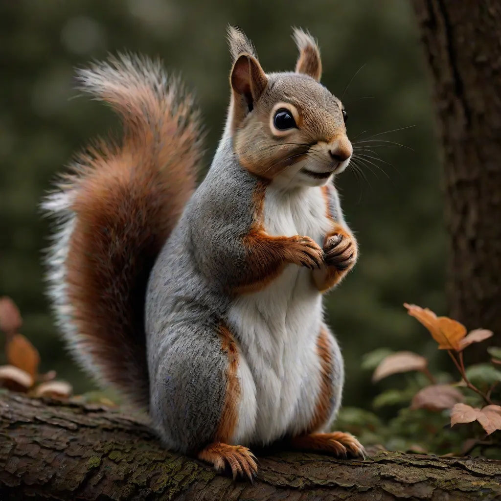 a squirrel is standing on a tree branch and holding its paws up to its chest and looking at the camera, Chris LaBrooy, photorealism, a photorealistic painting, cgstudio