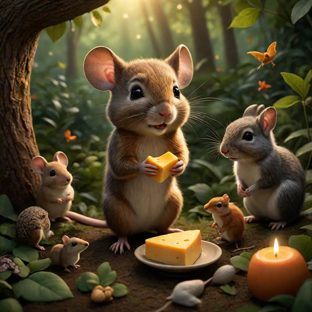 a group of mice eating cheese in a forest with a candle and a tree in the background with butterflies, Chris LaBrooy, fantasy art, a storybook illustration, cgstudio