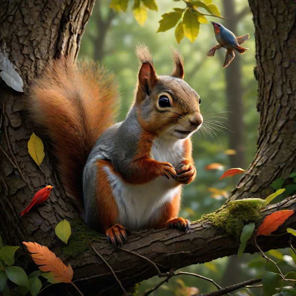 a squirrel is sitting on a tree branch and eating a nut in the forest with a bird flying overhead, Chris LaBrooy, photorealism, an airbrush painting, highly detailed digital painting