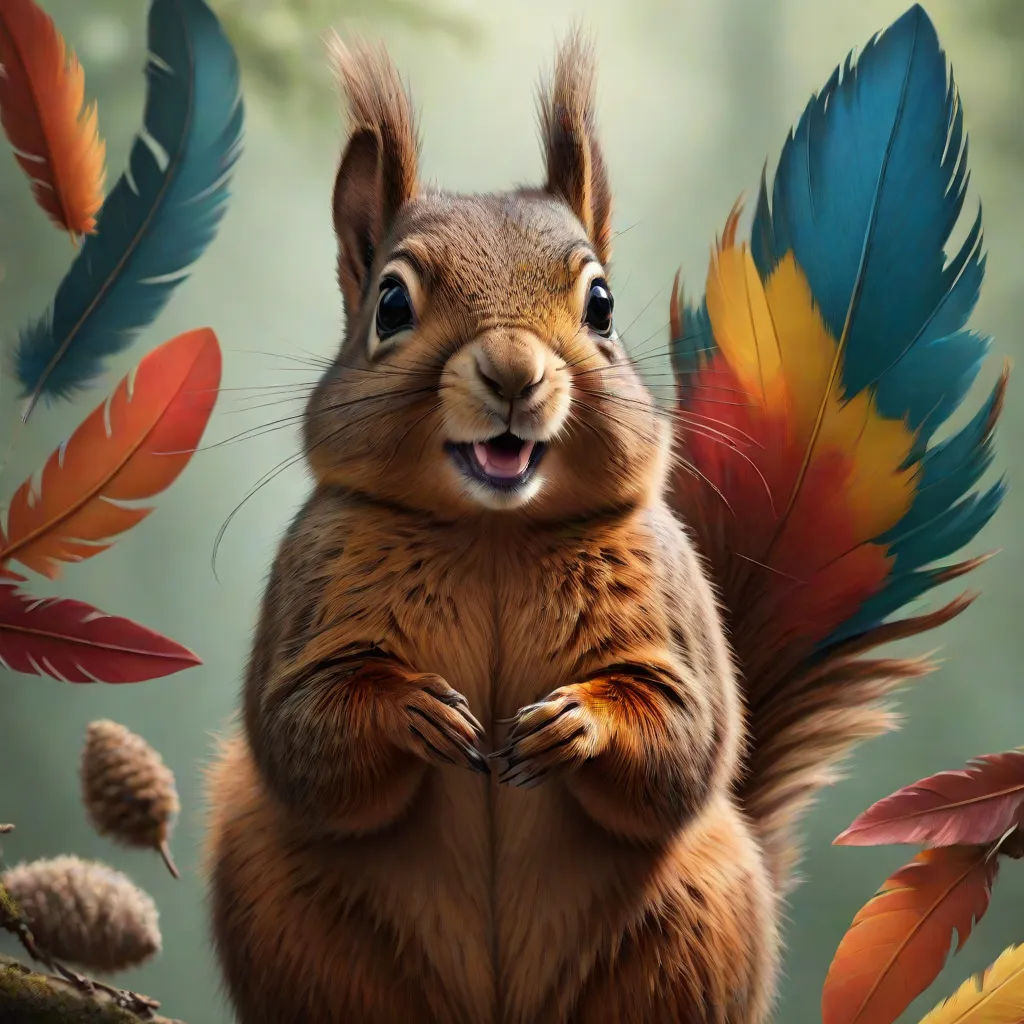 a squirrel with a big smile on his face and his paws on his chest, standing in front of a background of colorful feathers, Chris LaBrooy, furry art, an airbrush painting, behance hd