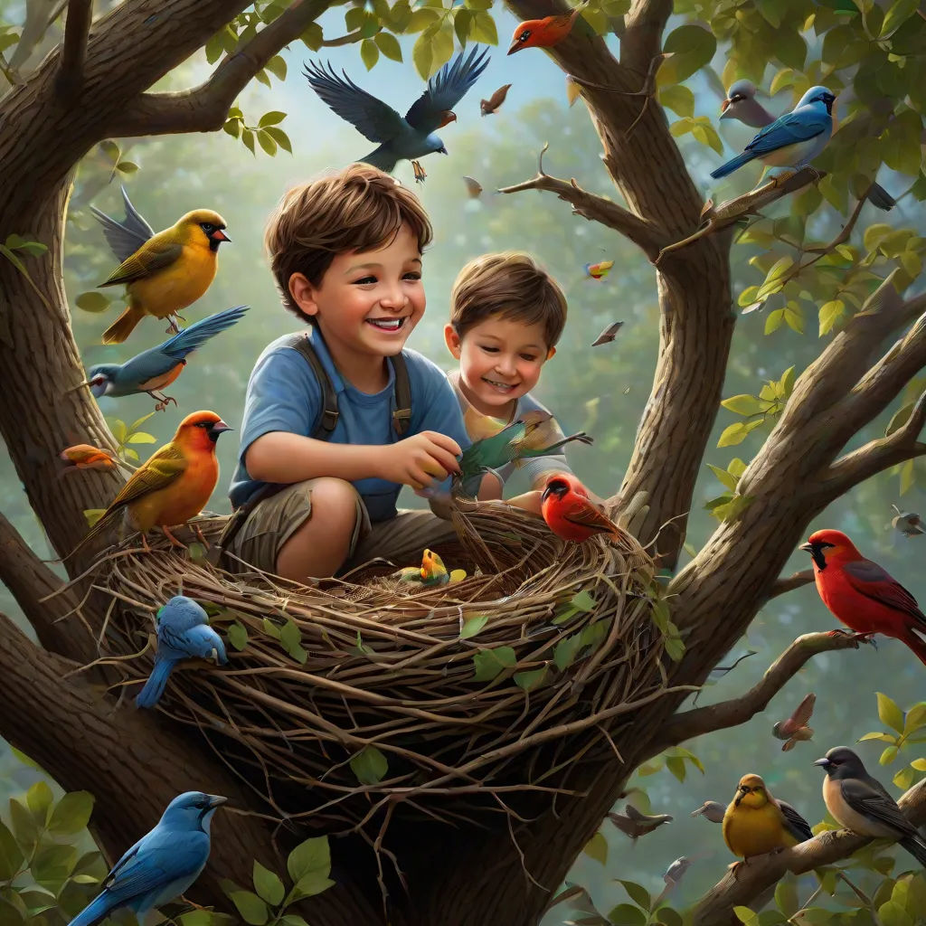 a painting of a boy and a boy sitting in a nest with birds around him and a bird nest in the tree, Brad Kunkle, magic realism, a detailed matte painting, highly detailed digital painting