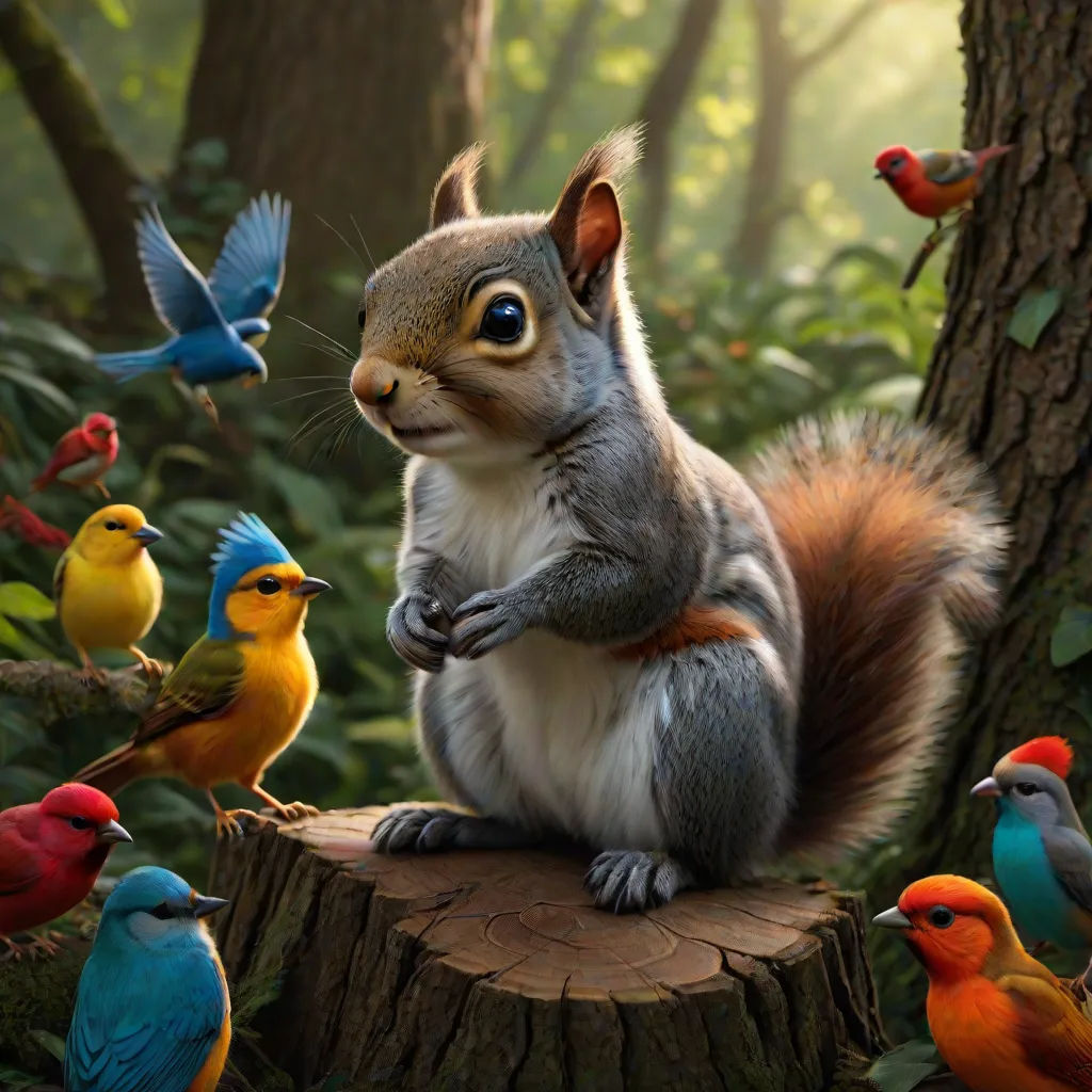 a squirrel is surrounded by birds in the forest, and is surrounded by a tree stump with a squirrel on it, Chris LaBrooy, photorealism, a photorealistic painting, highly detailed digital painting