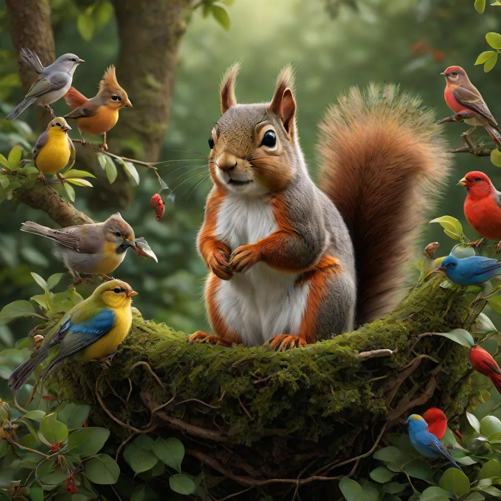 a squirrel is sitting on a nest with birds around it and a squirrel is standing on the nest with a squirrel on it, Chris LaBrooy, photorealism, a photorealistic painting, highly detailed digital painting