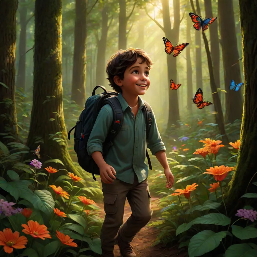 a boy with a backpack is walking through a forest with butterflies flying overhead and a trail leading to him, Alejandro Burdisio, magical realism, a storybook illustration, promotional image