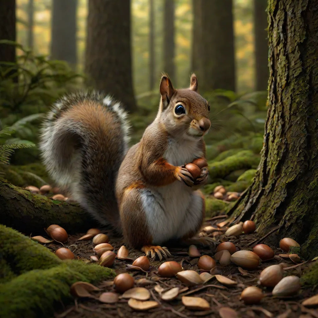 a squirrel is sitting on the ground in the forest eating nuts from a tree trunk and looking up at the camera, Chris LaBrooy, photorealism, a digital rendering, highly detailed digital painting