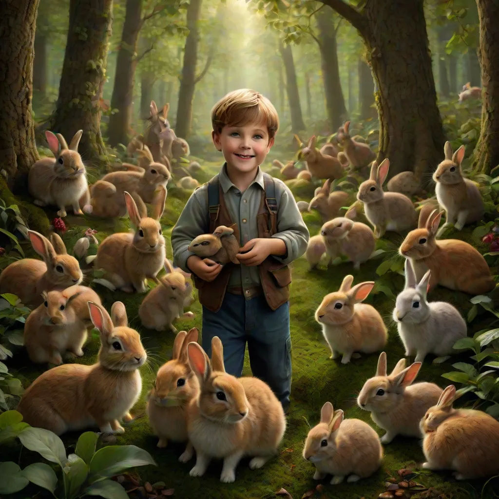a boy standing in a forest with rabbits in front of him and a forest background with trees and grass, Chris LaBrooy, magical realism, a detailed matte painting, highly detailed digital painting