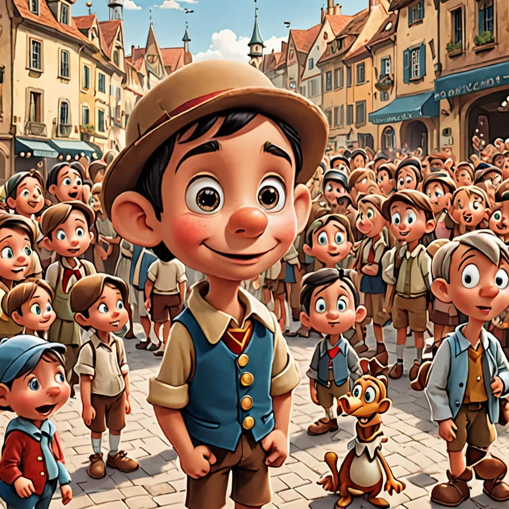 a cartoon character standing in front of a crowd of people in a town square with a dog on the ground, magical realism, a detailed matte painting, disney, promotional image