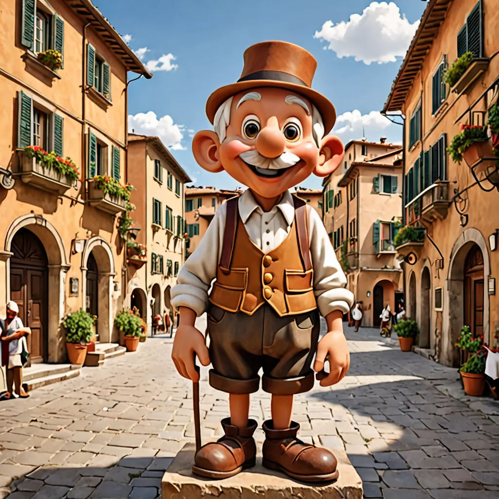 a statue of a man with a cane in a town square with buildings and people in the background,, photorealism, a detailed matte painting, disney, pixar and disney animation