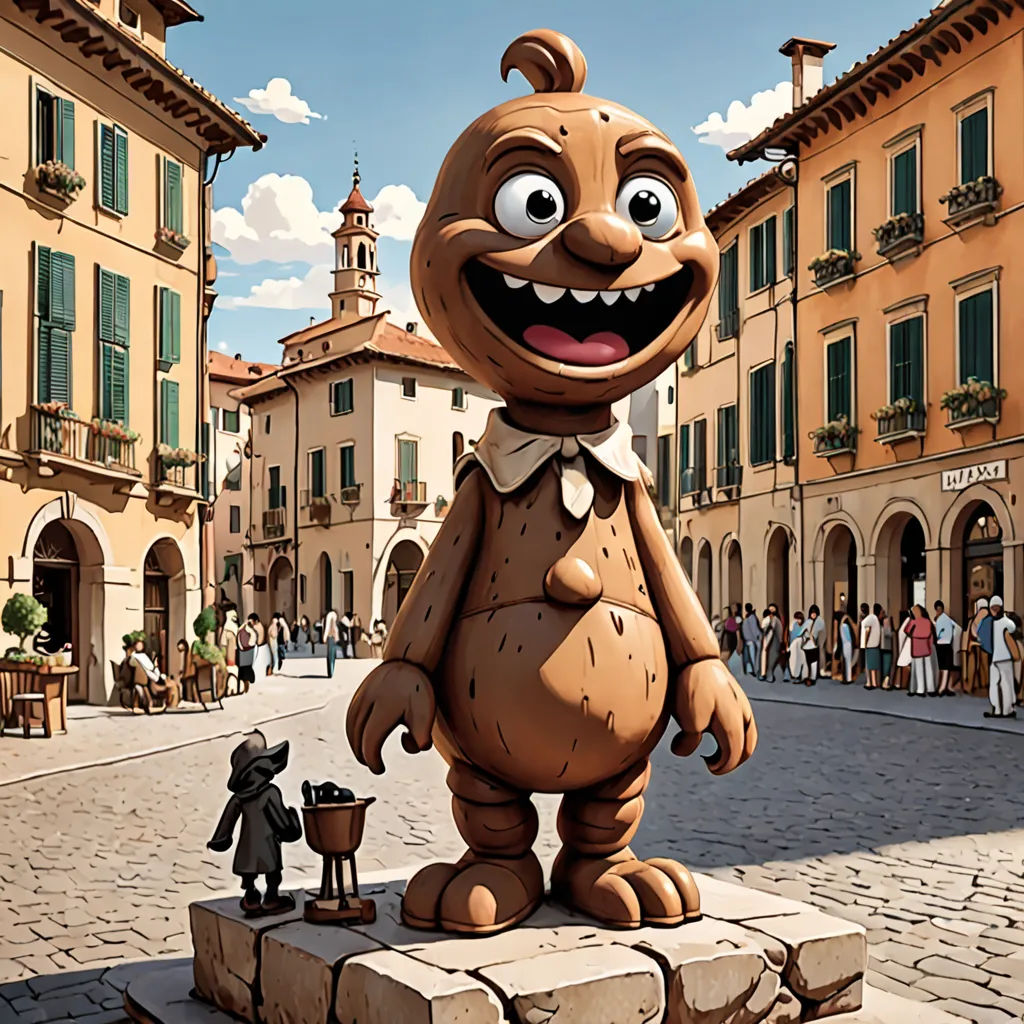 a cartoon character is standing on a block in a town square with a statue of a bear and a dog, fantastic realism, a digital rendering, Chris LaBrooy, promotional image