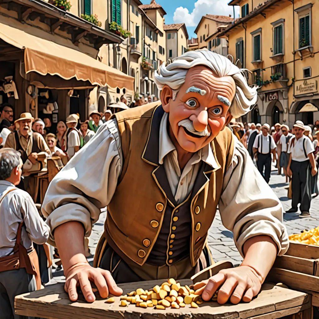a man in a costume is standing over a box of corn kernels in a town square with people walking around, photorealism, a detailed matte painting, Evgeny Lushpin, highly detailed digital painting