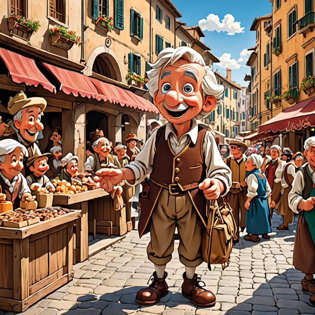 a cartoon of a man in a market with a crowd of people around him and a man in a brown vest, magic realism, a storybook illustration, Don Bluth, storybook illustration