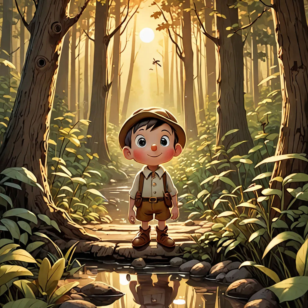 a boy standing in a forest with a pond in front of him and a forest scene behind him with a sun shining through the trees, fantasy art, a storybook illustration, Aaron Jasinski, rossdraws global illumination