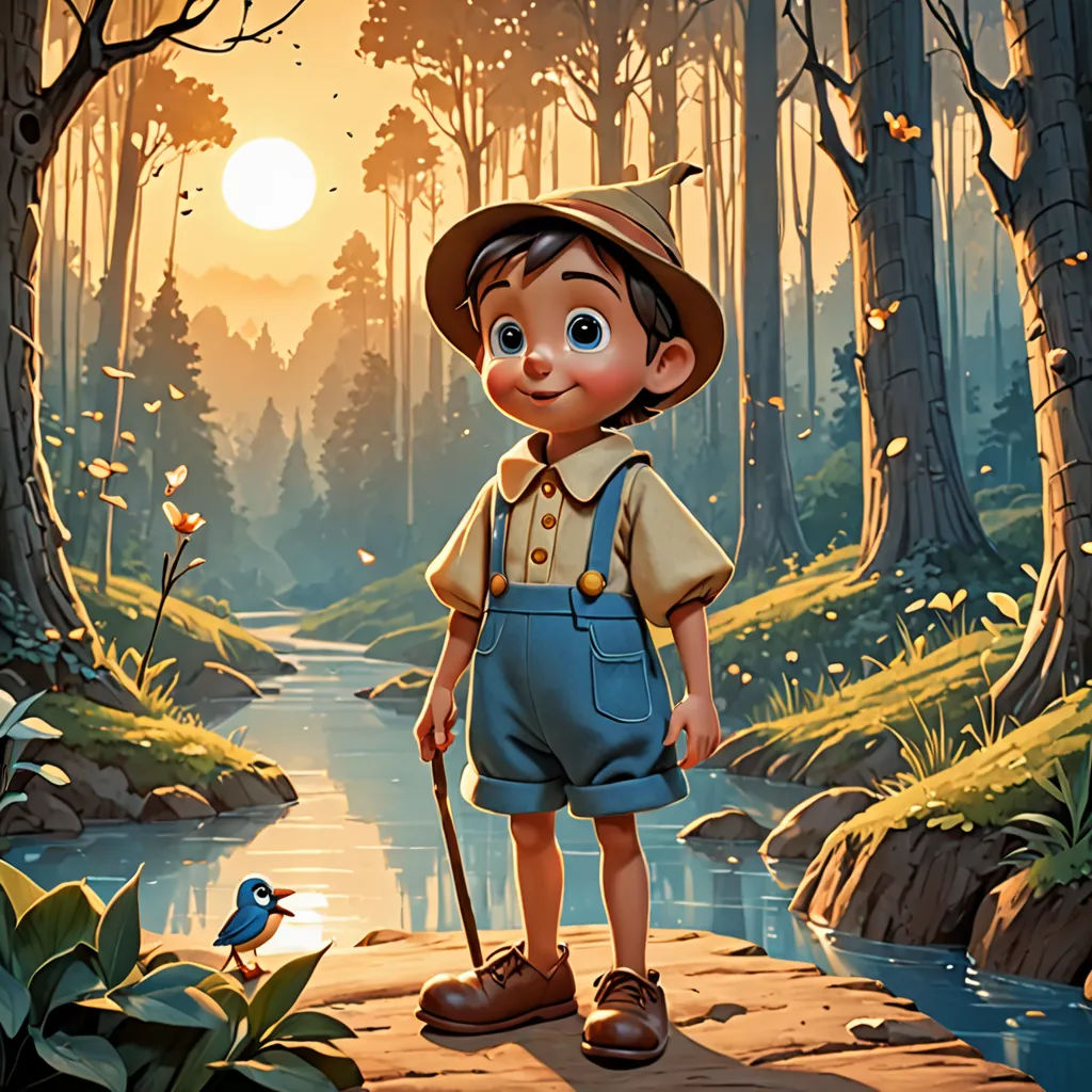 a boy with a stick standing on a rock in the woods by a stream with a bird on it, fantasy art, a storybook illustration, Alejandro Burdisio, rossdraws global illumination