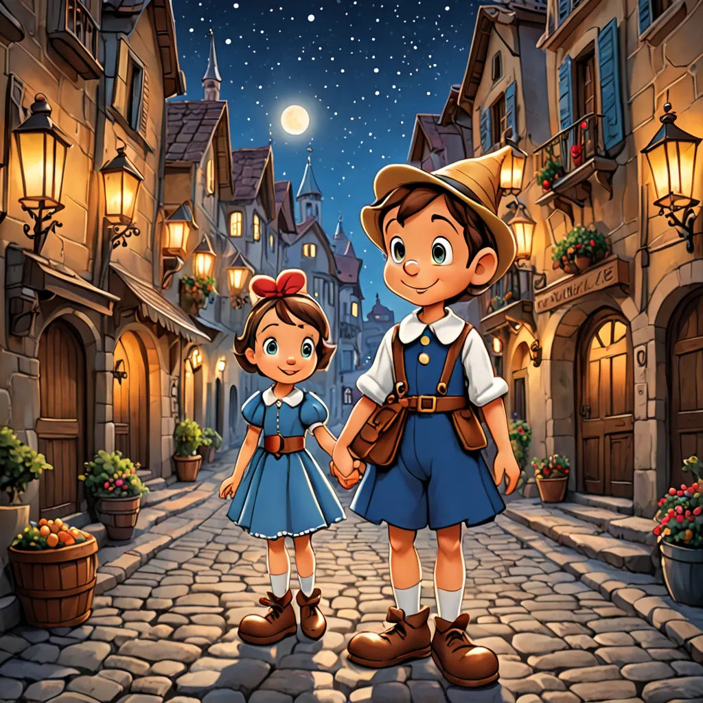 a boy and a girl are holding hands in a street at night with a full moon in the sky, magic realism, a storybook illustration, disney, official art