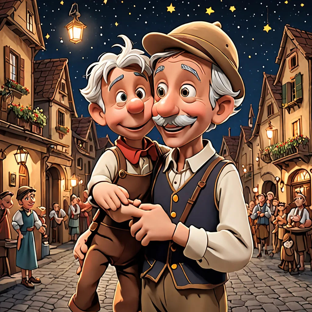a couple of people that are standing in the street together with a sky background and stars above them and a street light, magical realism, a storybook illustration, Brothers Hildebrandt, storybook illustration