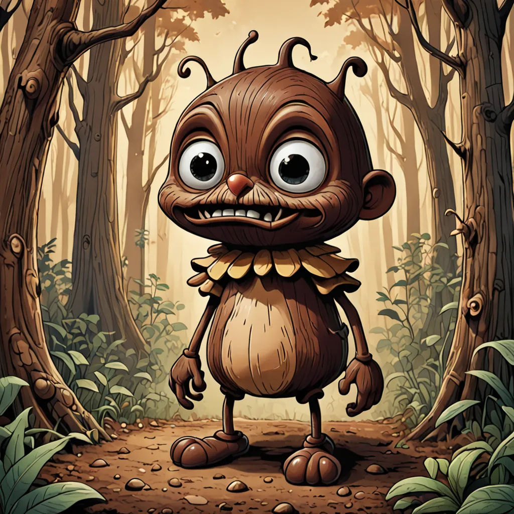 a cartoon character standing in a forest with a creepy look on his face and eyes, with a creepy expression on his face, pop surrealism, a character portrait, Chris LaBrooy, character portrait