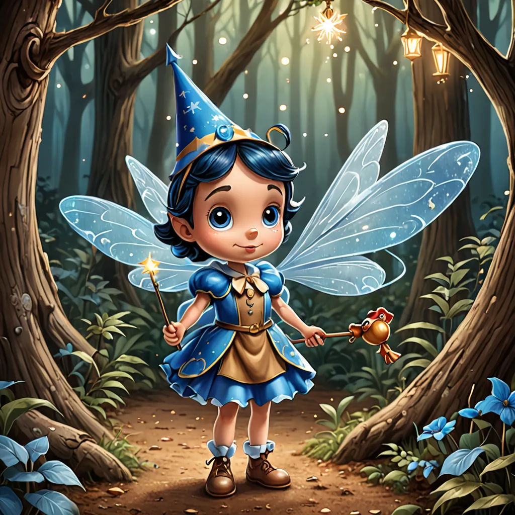 a cartoon fairy holding a golden bell in a forest with a bird on a string in her hand and a bird on a string in her hand, fantasy art, a storybook illustration, Chris Rallis, kinkade
