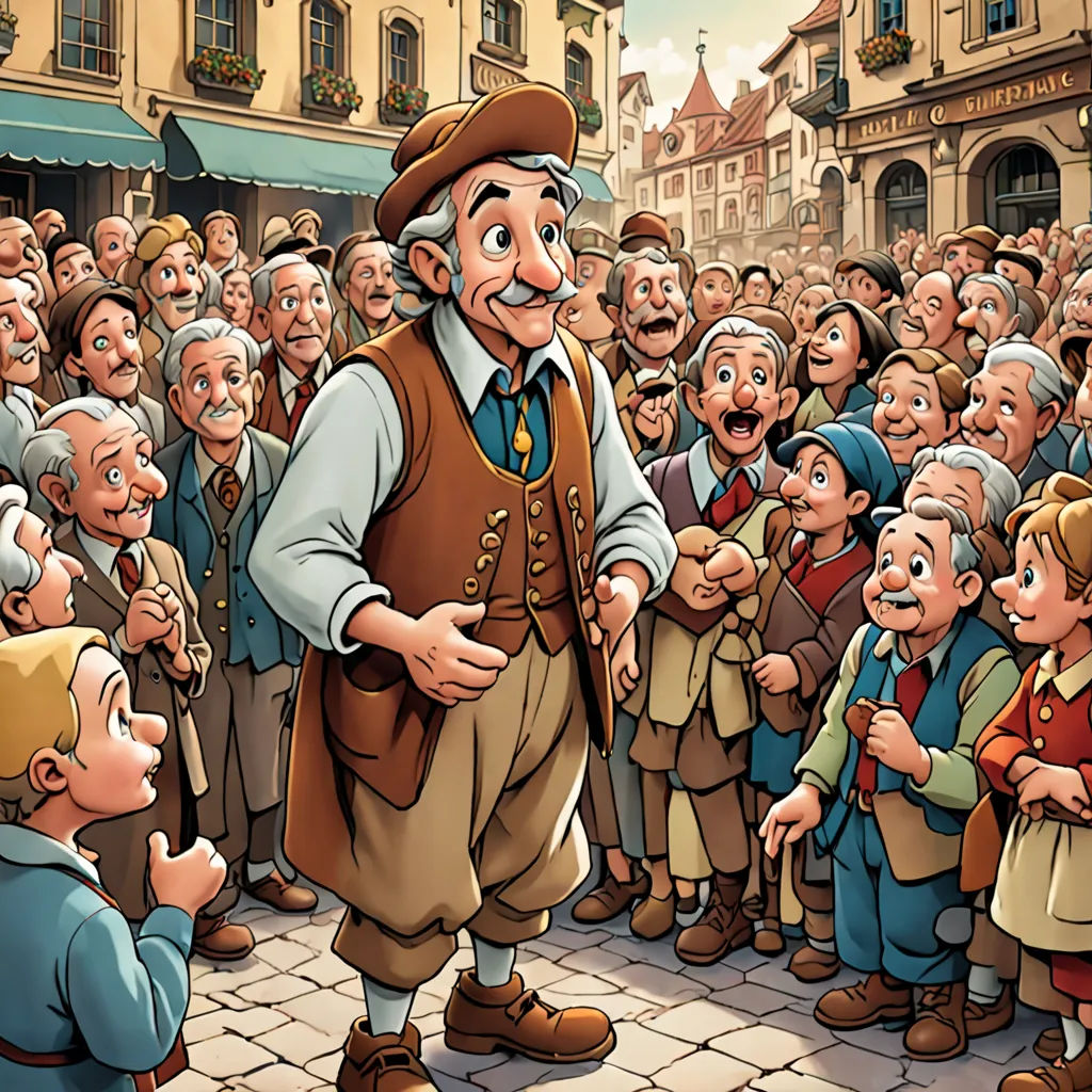 a cartoon of a man standing in front of a crowd of people with a surprised look on his face, magical realism, a storybook illustration, Don Bluth, storybook illustration