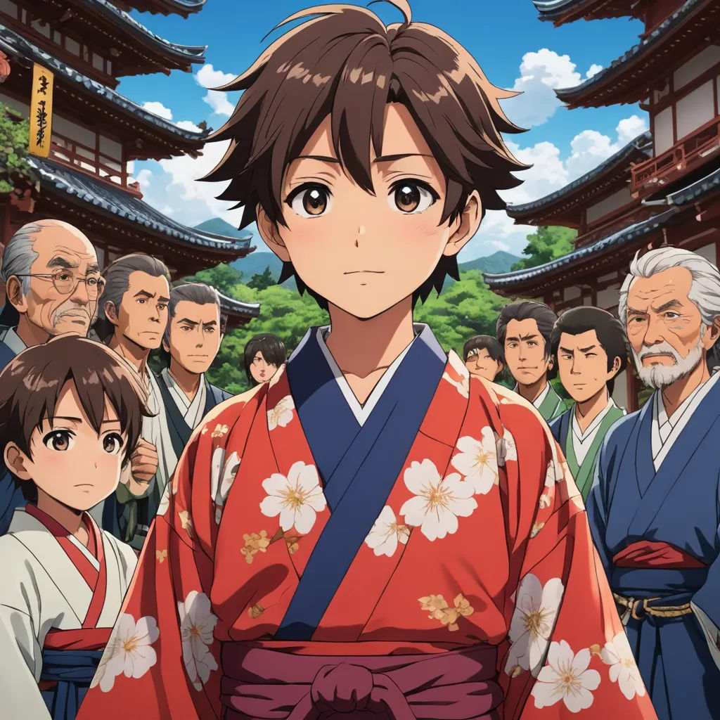 a man in a kimono standing in front of a crowd of people in a japanese style setting with a sky background, rayonism, poster art, Ai-Mitsu, official art