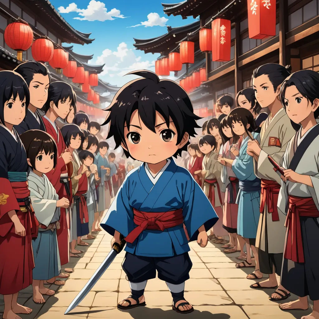 a cartoon character standing in front of a crowd of people with a sword in hand and a sword in the other hand, dau-al-set, concept art, Baiōken Eishun, ufotable