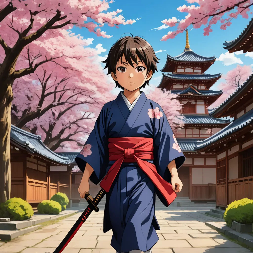 a man in a kimono holding a sword in front of a building with cherry blossom trees in the background, aestheticism, concept art, Cedric Seaut (Keos Masons), ufotable
