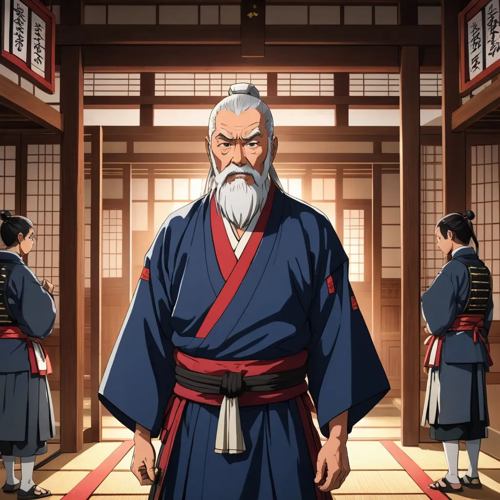 a man in a kimono standing in a room with other people in it and a doorway with a door, ukiyo-e, a character portrait, An Gyeon, official art