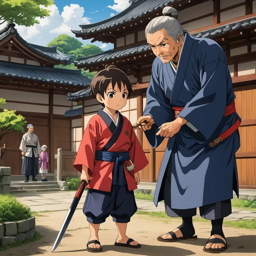 a man and a child standing in front of a building with a sword in hand and a man in a kimono holding a sword, ukiyo-e, a storybook illustration, An Gyeon, official art