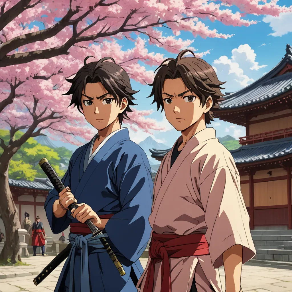 two people standing next to each other in front of a tree with pink flowers on it and a building in the background, sots art, concept art, Baiōken Eishun, official art