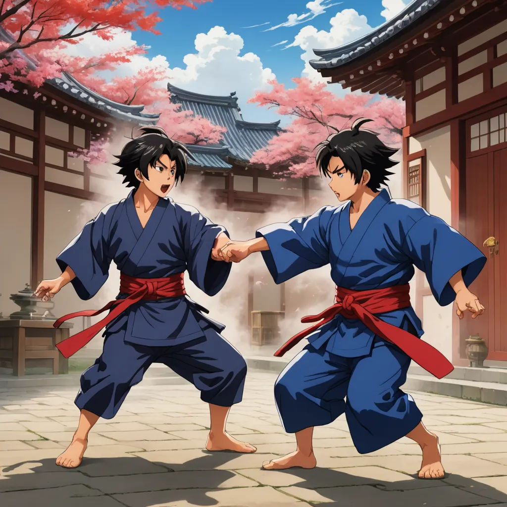 two men in kimonos are fighting in front of a building with cherry blossoms on it and a sky background, sots art, concept art, Brothers Hildebrandt, official art