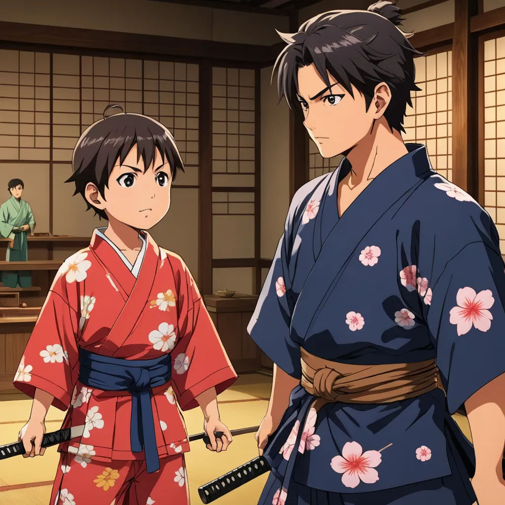 a man and a woman in kimonos standing in a room with a man holding two swords in front of them, sots art, concept art, Baiōken Eishun, official art