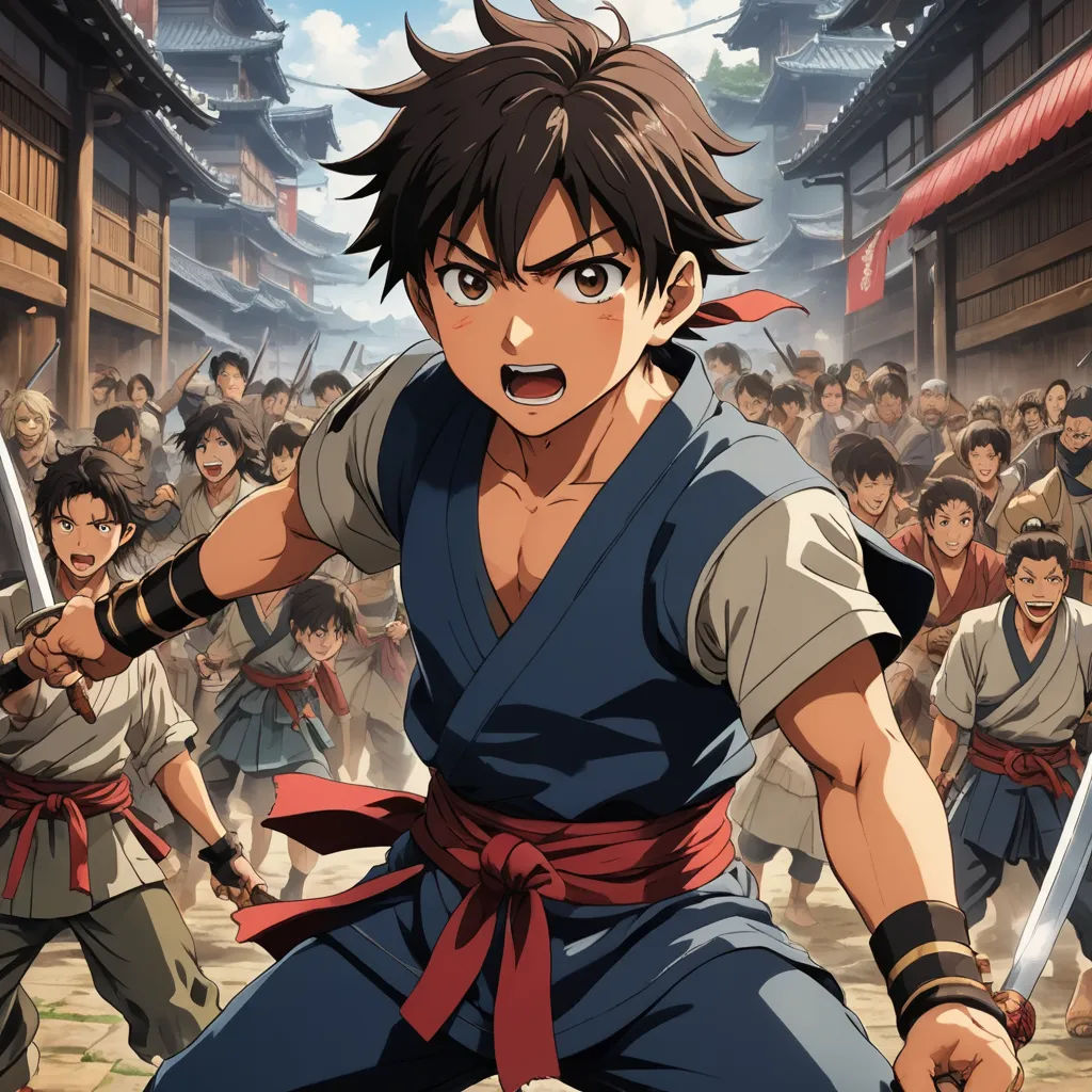 a man in a blue shirt holding a sword in front of a crowd of people in a city street, dau-al-set, concept art, Baiōken Eishun, ufotable