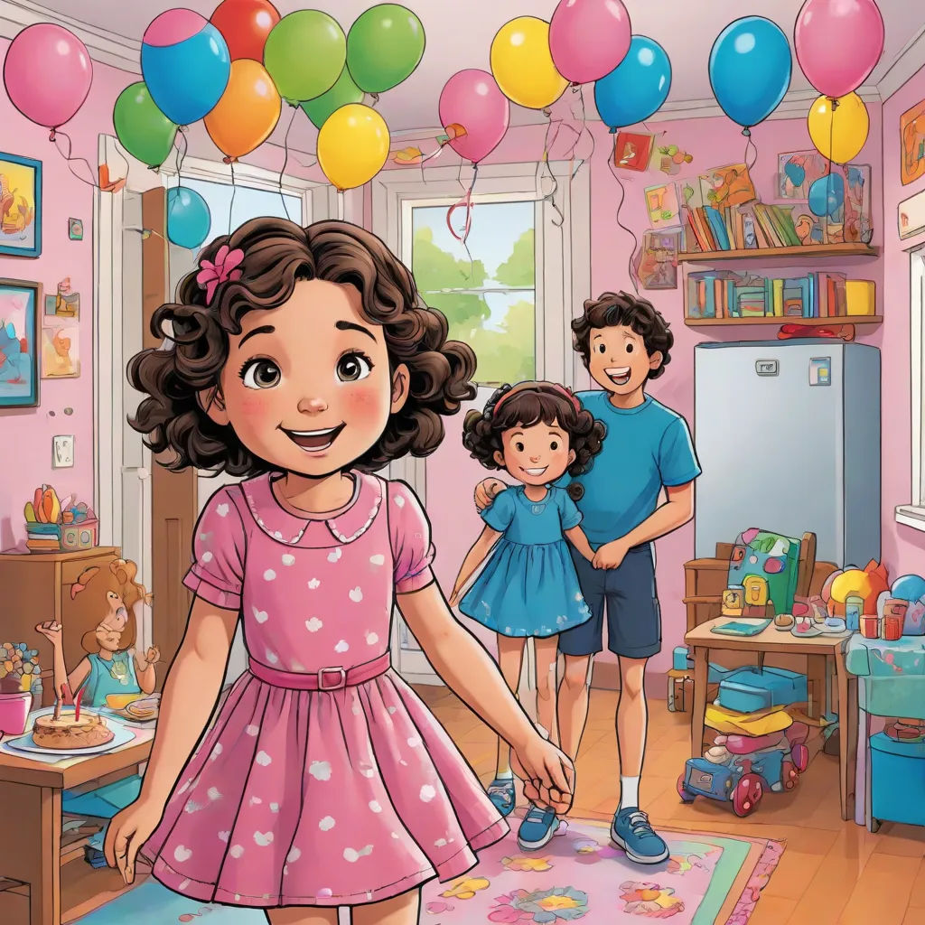 a cartoon of a girl in a pink dress and two children in a pink room with balloons and a rug, Claire Falkenstein, american scene painting, a storybook illustration, comic cover art