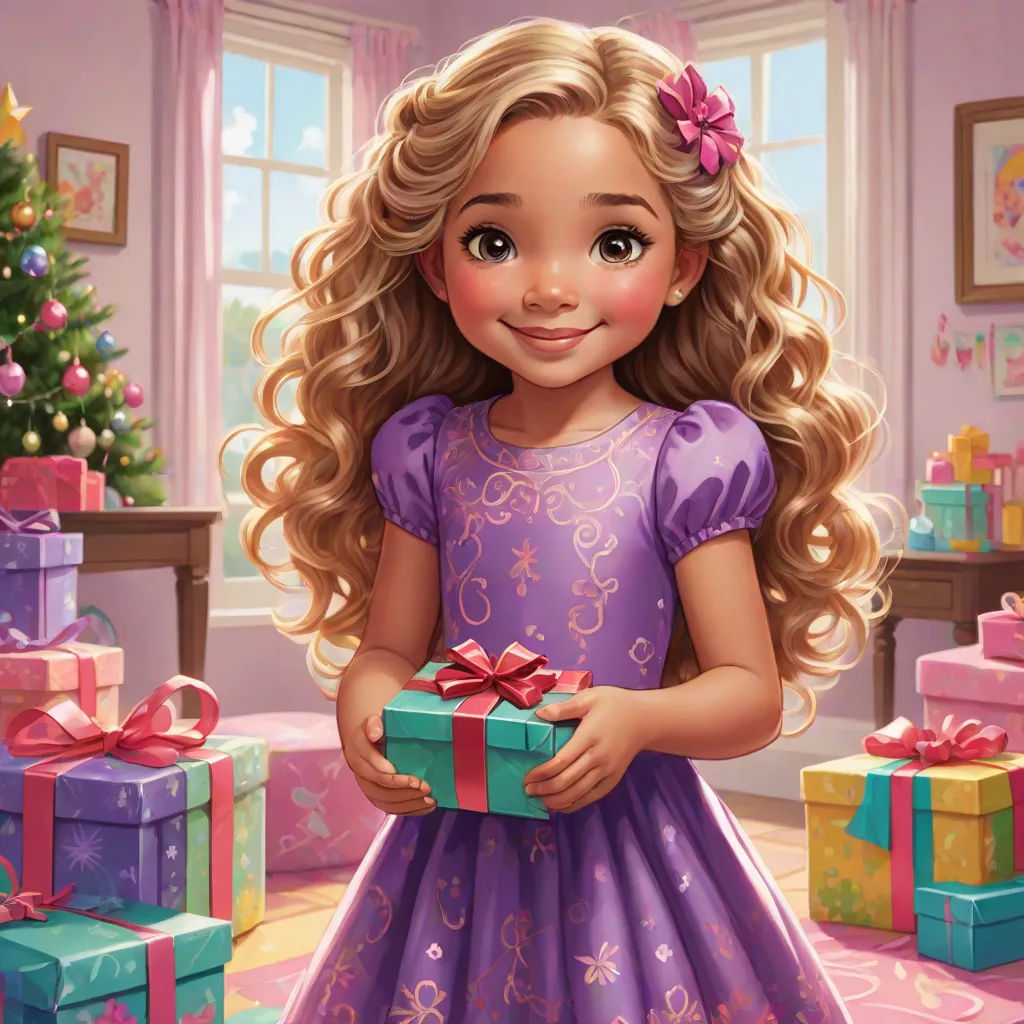 a girl in a purple dress holding a present box in a room with presents on the floor and a christmas tree, Beatrice Huntington, pop surrealism, a storybook illustration, kinkade