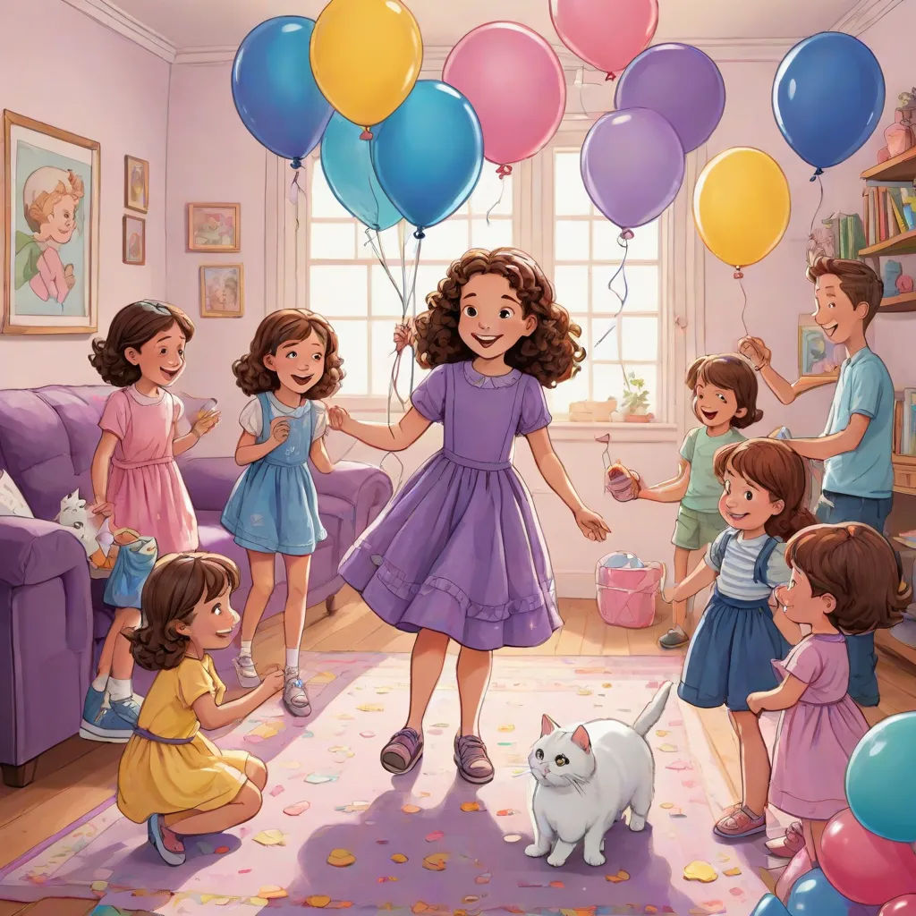 a girl in a purple dress is surrounded by her friends and balloons in a room with a cat and a dog, Bracha L. Ettinger, american scene painting, a storybook illustration, official art