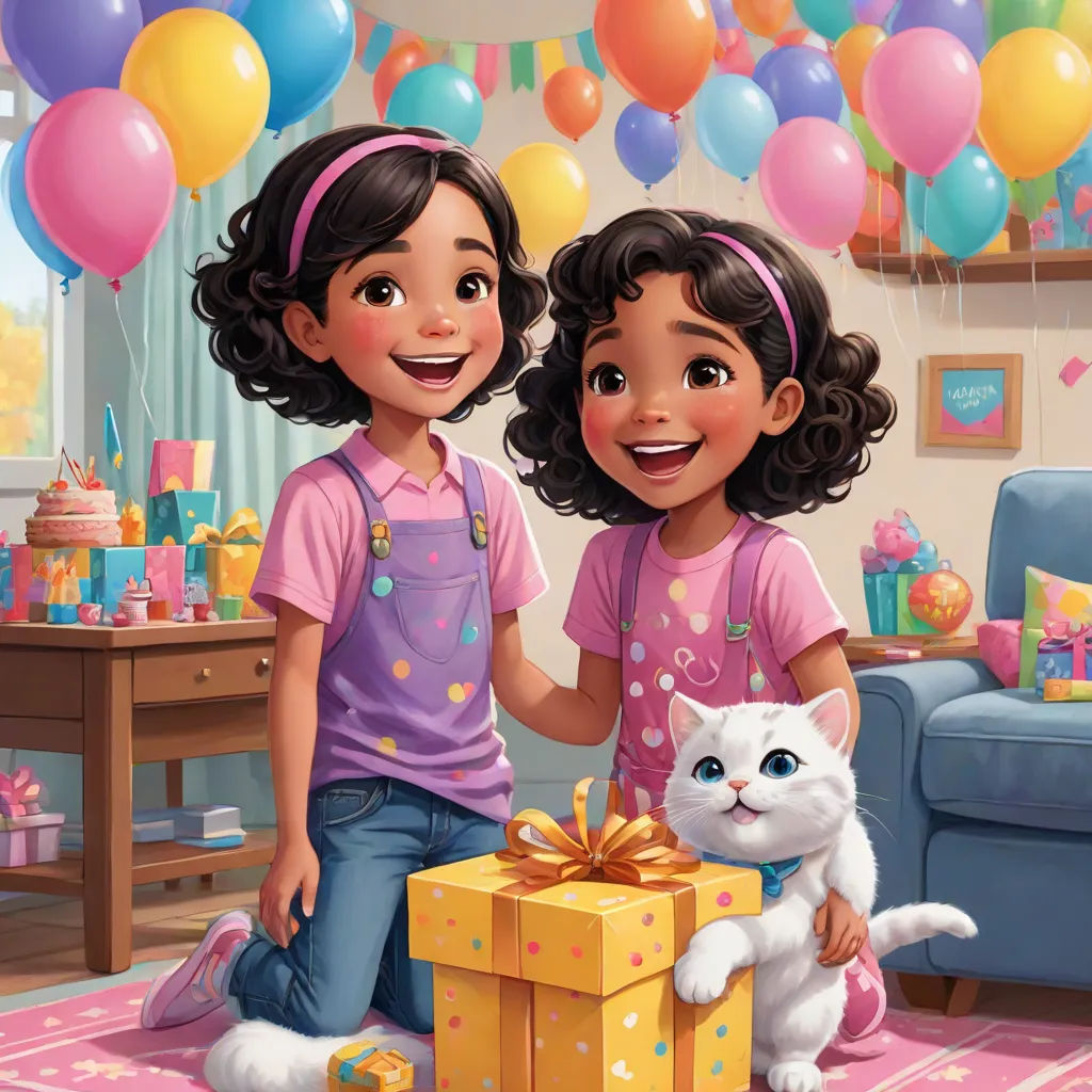 a girl and a boy are holding a present box and a cat is sitting on the floor in front of them, Drew Struzan, photorealism, a storybook illustration, official art