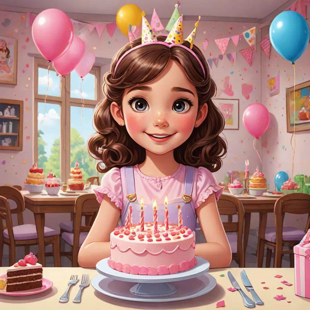 a girl sitting at a table with a birthday cake in front of her and balloons and a birthday cake in the background, Clarice Beckett, photorealism, a storybook illustration, kinkade