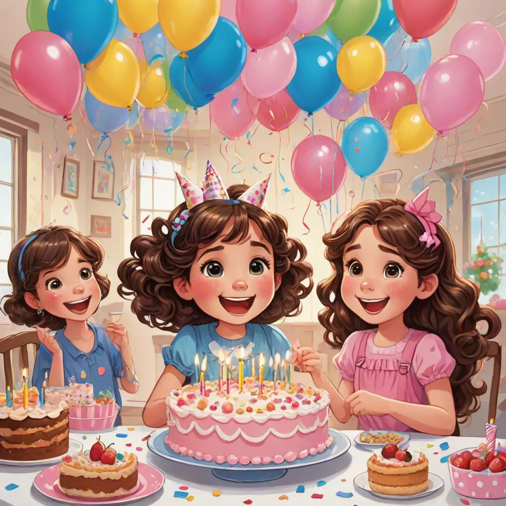 a painting of two girls celebrating a birthday with a cake and balloons in the air and a cake with candles on it, Caroline Lucy Scott, lyco art, a storybook illustration, official art