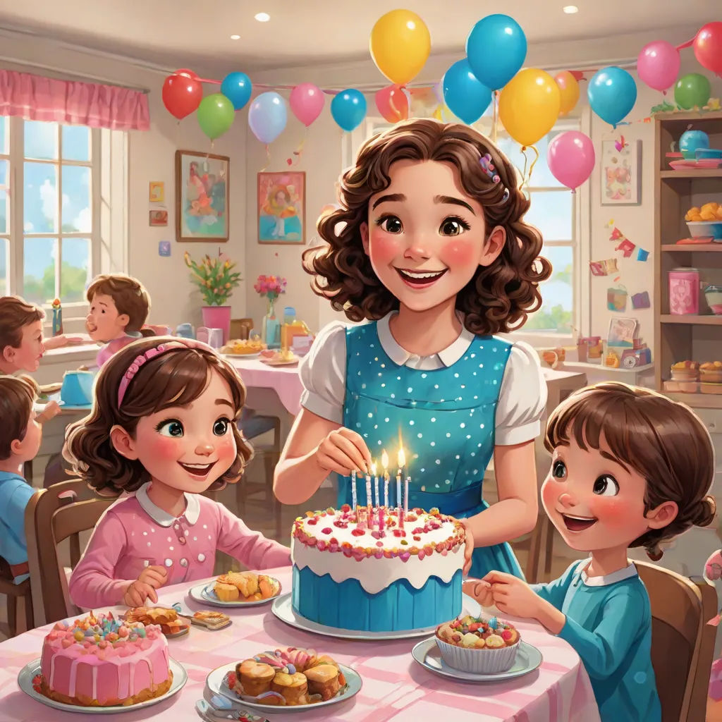 a painting of a girl and two children at a birthday party with a cake and balloons in the background, Bob Byerley, american scene painting, a storybook illustration, official art
